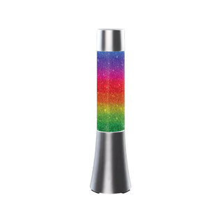 Motionz Glitter Lamp with silver metallic base and top featuring vertical rainbow glitter layers in blue purple pink red orange yellow green