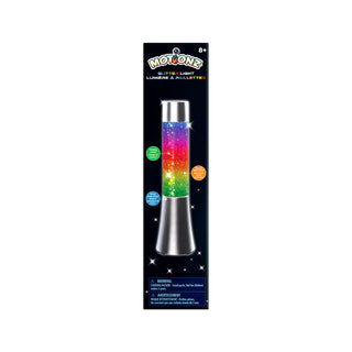 Motionz Glitter Light packaging showing rainbow glitter layers, silver metallic base, and USB powered feature with batteries included