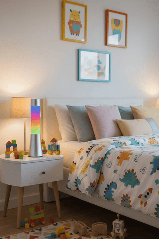 Motionz Glitter Lamp in child's bedroom with dinosaur bedding and toys highlighting kids room decor use