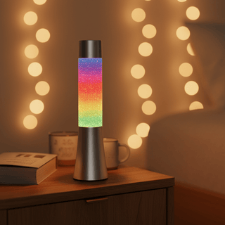 Motionz Glitter Lamp on wooden nightstand creating cozy bedroom ambiance with warm glow and rainbow glitter effect