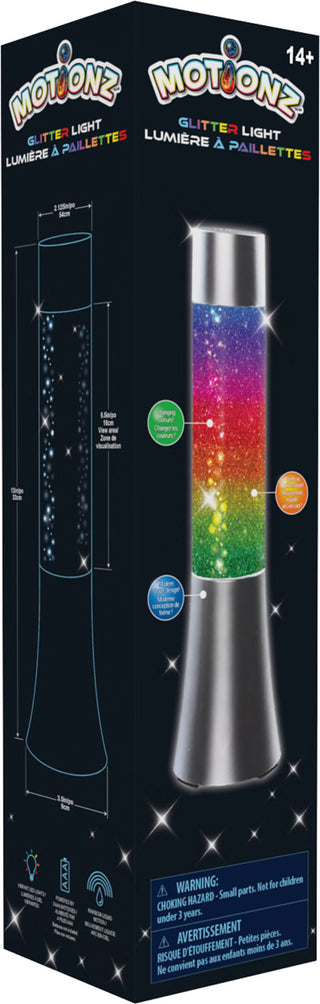 Motionz Glitter Light packaging showing rainbow glitter lamp with silver base and product dimensions