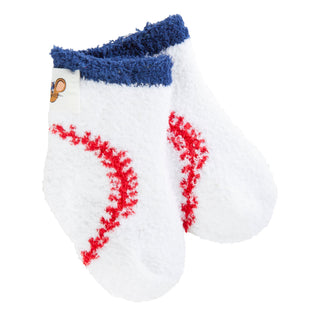 White fuzzy infant socks with red baseball stitching stripes and navy blue cuffed top