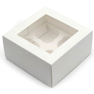 White cupcake box with clear window lid and 4-slot insert tray