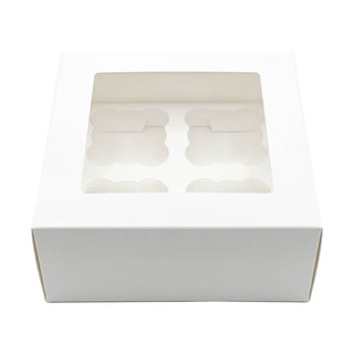 White cupcake box with clear window lid and 4-slot cardboard insert tray