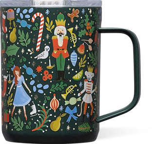 Corkcicle 16oz Nutcracker Green mug with festive holiday Nutcracker ballet pattern and handle