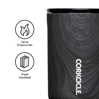 Corkcicle 16oz tumbler in Burnt Wood showing triple insulation and 3-hour heat retention icons