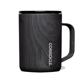Corkcicle 16oz insulated coffee mug in dark burnt wood grain finish with handle