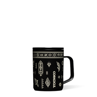 Corkcicle 16oz Western Gothic black insulated mug with cream botanical folk art pattern and handle