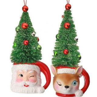Vintage Santa and reindeer mug ornaments with bottle-brush trees, glossy ceramic red handles, white textured beards, festive holiday decor