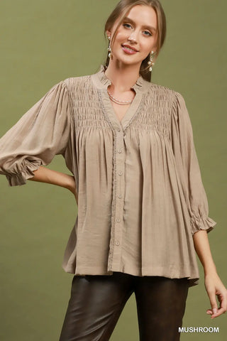 Mushroom Smocked Yoke Blouse