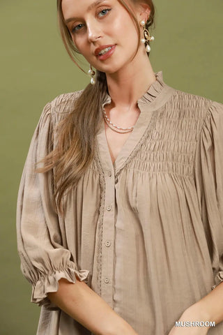 Mushroom Smocked Yoke Blouse
