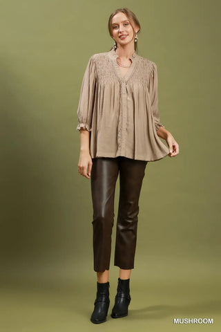 Mushroom Smocked Yoke Blouse