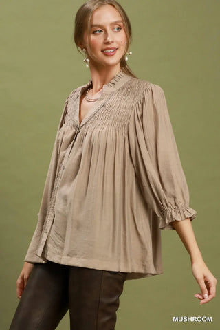 Mushroom Smocked Yoke Blouse