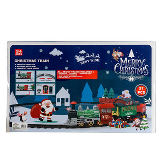 Kurt Adler Christmas Train set packaging showing 21-piece battery-operated train with tracks