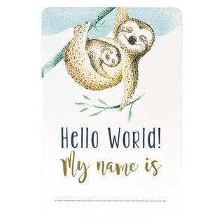 card with two sloths and 'Hello World! My name is' text on a light blue background
