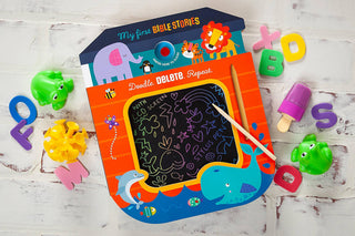 Closed orange cover Bible story book with sea animals, colorful LCD doodles, and clear button for kids