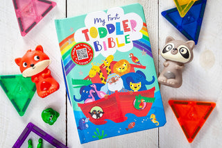 My First Toddler Bible hardcover with Noah's Ark cover art, rounded corners, and red QR code sticker for audio stories