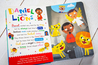 Daniel and the Lions story page from toddler Bible featuring golden angel, stone den lions, and Daniel 6:22 scripture quote