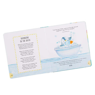 Book page with a cartoon penguin in a bathtub and text