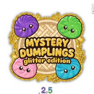 Mystery Dumplings glitter edition promotional graphic featuring four kawaii squishy toy colors