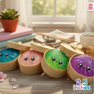 Glitter dumpling squishy toys in bamboo steamers with teacup and chopsticks for tea party play