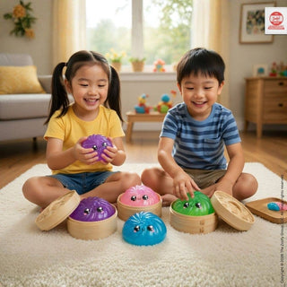 Kids squeezing purple and green glitter dumpling squishies with kawaii faces on white shag rug