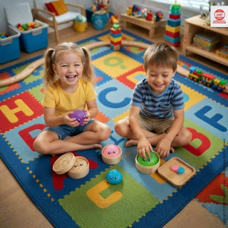 Children playing with colorful mystery glitter dumpling squishy toys on alphabet foam rug