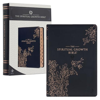 NLT Spiritual Growth Bible in dark navy faux leather with rose gold floral design, shown with box packaging