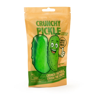 Keycraft Crunchy Pickle stress squeeze toy in orange resealable packaging bag