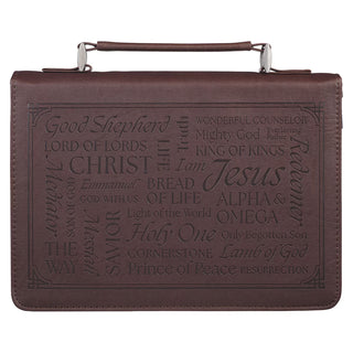 Brown faux leather Bible cover embossed with Names of Jesus text and carry handle