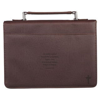 Brown faux leather Bible cover with Isaiah 9:6 verse and carry handle