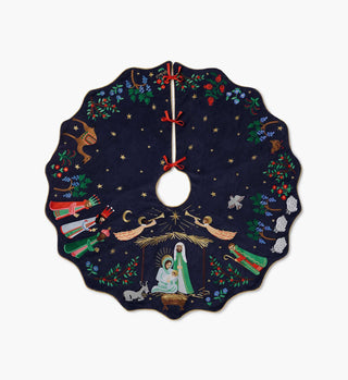 Rifle Paper Co. navy velvet nativity embroidered Christmas tree skirt with scalloped gold edge