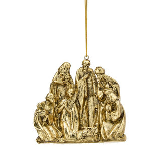 Regency gold nativity scene Christmas ornament with detailed figures, hanging cord
