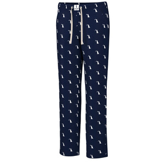 Navy blue pajama pants with repeating white dog and crescent moon pattern, drawstring waist