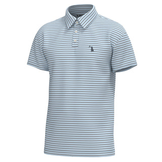 Local Boy Surfside Polo in sky blue with navy and white horizontal stripes, three-button placket