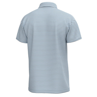 Back view of Local Boy Surfside Polo in sky blue with navy and white horizontal stripes