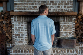 Back view of Local Boy Surfside Polo in light blue and navy pinstripe pattern