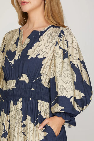 Navy Tiered Floral Print Woven Midi Dress