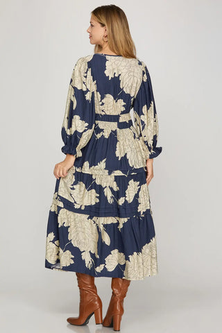 Navy Tiered Floral Print Woven Midi Dress