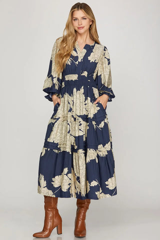 Navy Tiered Floral Print Woven Midi Dress
