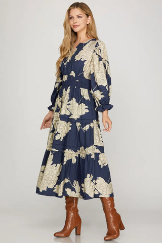 Navy Tiered Floral Print Woven Midi Dress