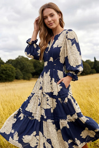 Navy Tiered Floral Print Woven Midi Dress