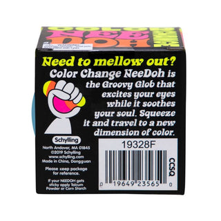 Back of Schylling Color Changing NeeDoh box showing groovy glob description and warning label