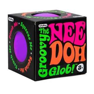 NeeDoh Groovy Glob stress ball in purple inside black retro packaging with interactive prompts
