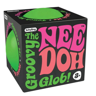 Green NeeDoh Groovy Glob sensory ball for kids shown in colorful Schylling retro packaging