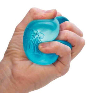 Turquoise NeeDoh squishy toy being squeezed by child hand highlighting dynamic stretch
