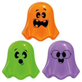 Three Needohween Baby Boos ghost-shaped squishy toys in orange, green, and purple with funny faces