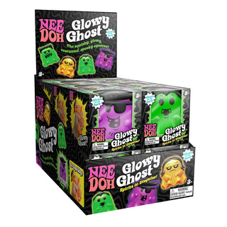 Nee Doh Glowy Ghost squishy toys display box with purple, green, orange ghost figures