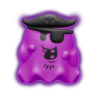 Purple glowing ghost Needoh stress ball wearing black pirate hat with eye patch