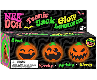 Nee Doh Teenie Jack-Glow Lanterns 3-pack featuring three glow-in-the-dark squishy Halloween pumpkins